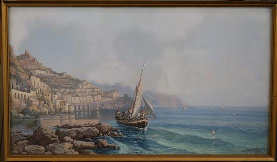 Giancinto Gianni (1837-1895) Naples from the Bay, a fishing boat in the foreground 11.5 x 20.25in.